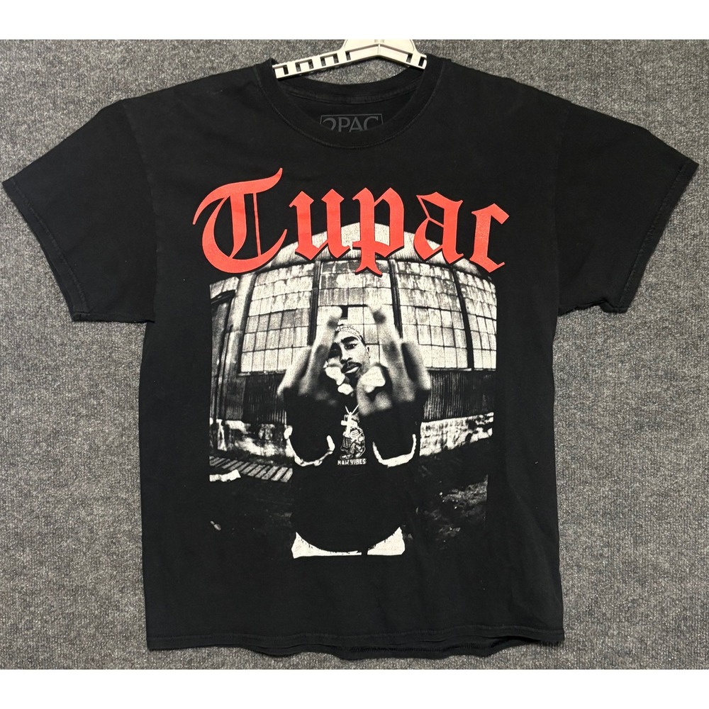 2PAC Tupac Shakur Double Middle Finger‎ Graphic T Shirt Black Men's Size L